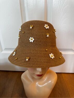 Straw bucket hat with gold beads and white flowers runway fashion hat rare